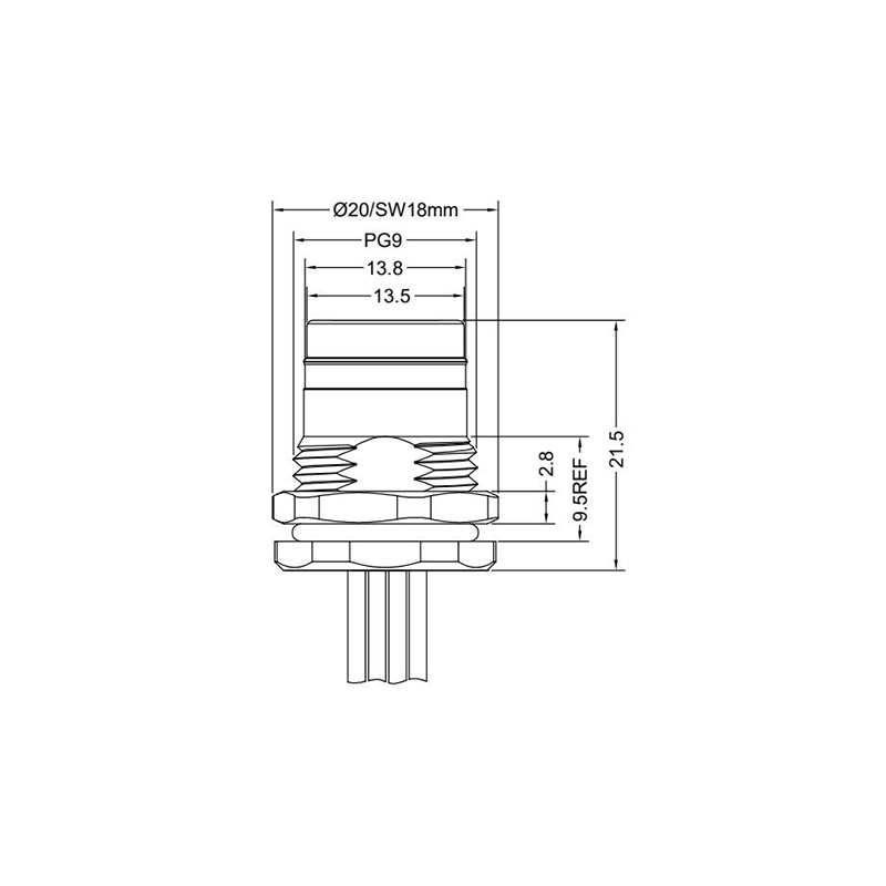 Push-pull m12 3pins A code female straight front panel mount connector PG9 thread,unshielded,single wires,brass with nickel plated shell